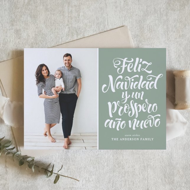 Sage Green Feliz Navidad Script Christmas Photo Holiday Card (Creator Uploaded)