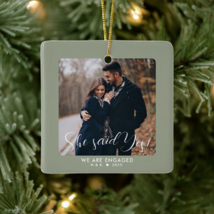 Sage Green First Christmas Engaged Custom Photo Ceramic Ornament