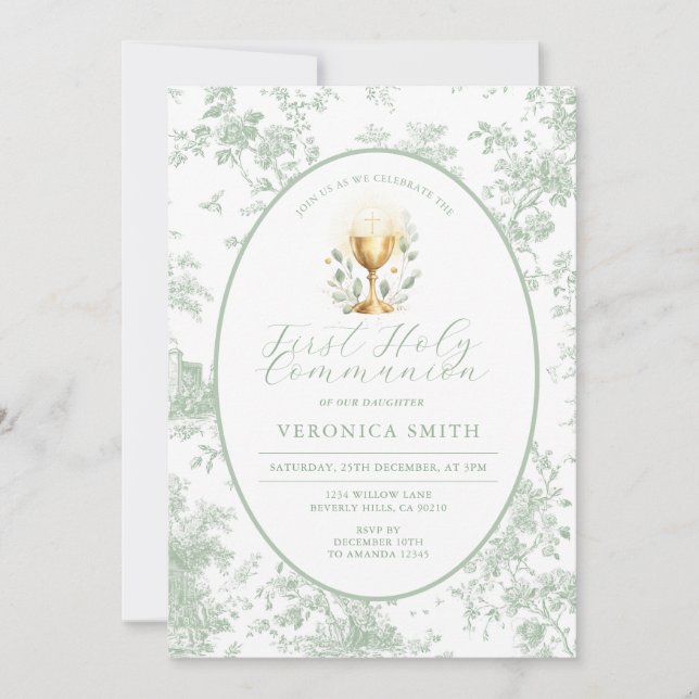 Sage Green First Holy Communion Eucharist Invitation (Front)