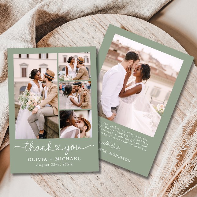 Sage Green Five Photo Collage Script Wedding Thank You Card (Creator Uploaded)
