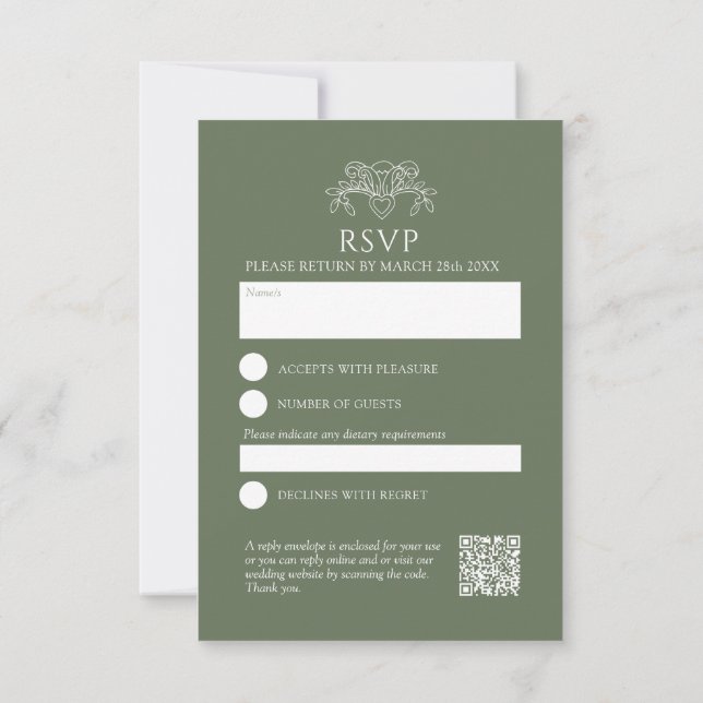 Sage green fleur de lis blossom butterflies RSVP card (Back)