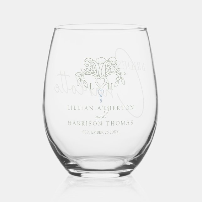 Sage green fleur de lis monogram wedding favour stemless wine glass (Front)