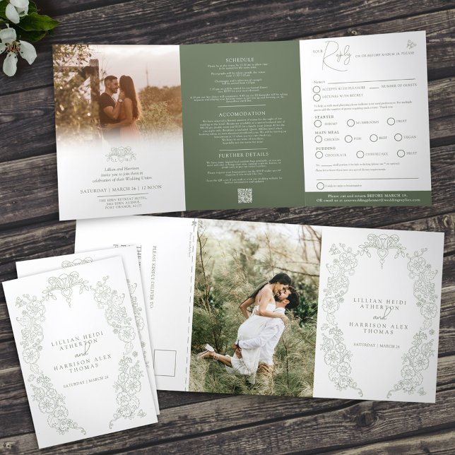 Sage green fleur de lis wedding meal option RSVP Tri-Fold Invitation (Creator Uploaded)