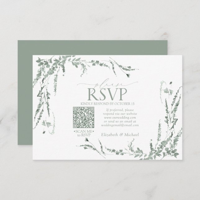 Sage Green Fleur sauvage Calligraphie QR Code RSVP (Devant / Derrière)