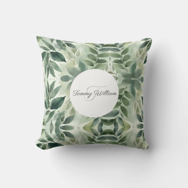 Sage Green Flora Elegant Throw Pillow (Front)
