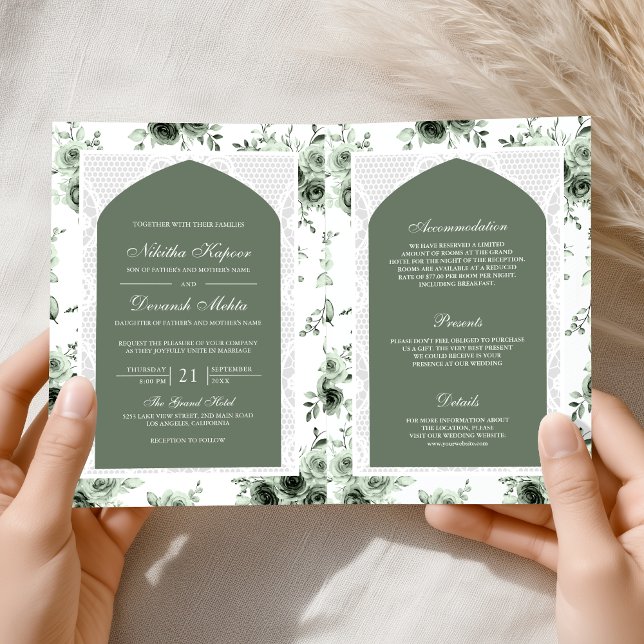 Sage Green Floral All in One Lace Indian Wedding Invitation (Creator Uploaded)