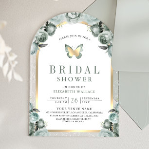 Sage Green Floral Arch Butterfly Bridal Shower Acrylic Invitations