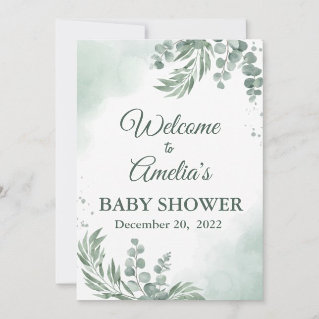 Sage Green Floral Baby Shower Girl Welcome Sign Invitation (Front)