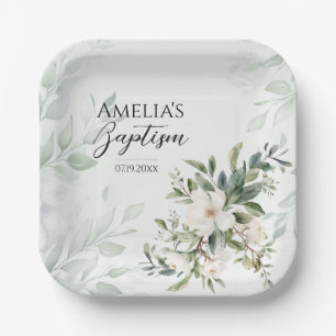Sage Green Floral Baptism Paper Plate