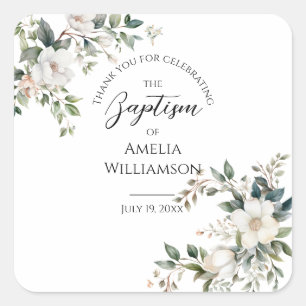 Sage Green Floral Baptism Square Sticker
