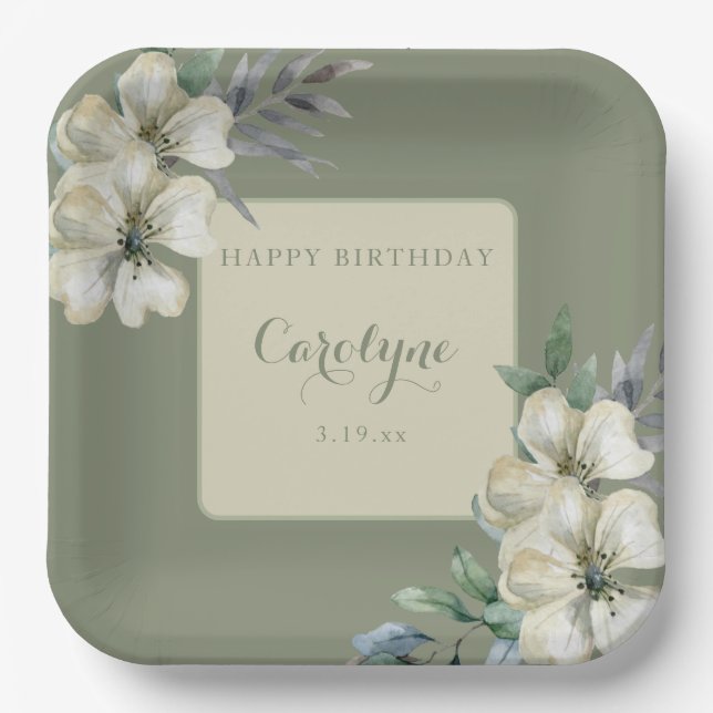 Sage Green Floral Birthday  Paper Plate (Front)