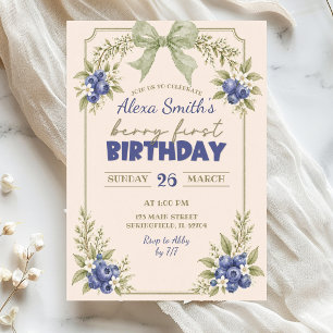 Sage Green Floral Blueberry Berry First Birthday Invitation