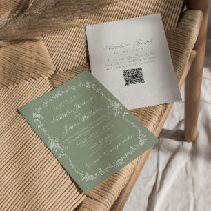 Sage Green Floral Boho Botanical QR Code Wedding Invitation
