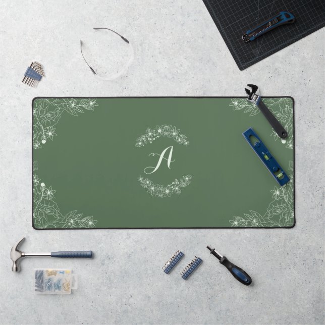 Sage Green Floral Border Custom Name Desk Mat (Workstation)