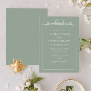Sage Green Floral Border Monogram Wedding Invitation