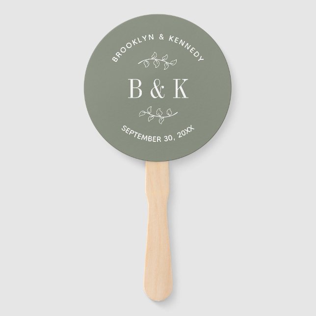 Sage Green Floral Botanical Monogram Couple Name Hand Fan (Front)