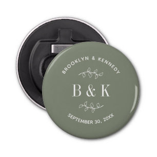 Sage Green Floral Botanical Wedding Couple Name Bottle Opener