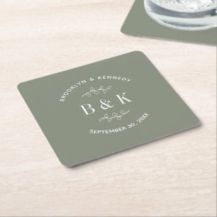 Sage Green Floral Botanical Wedding Couple Name Square Paper Coaster