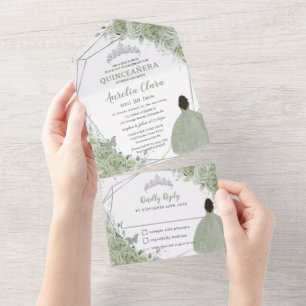 Sage Green Floral Brown Girl 15 Silver Quinceanera All In One Invitation