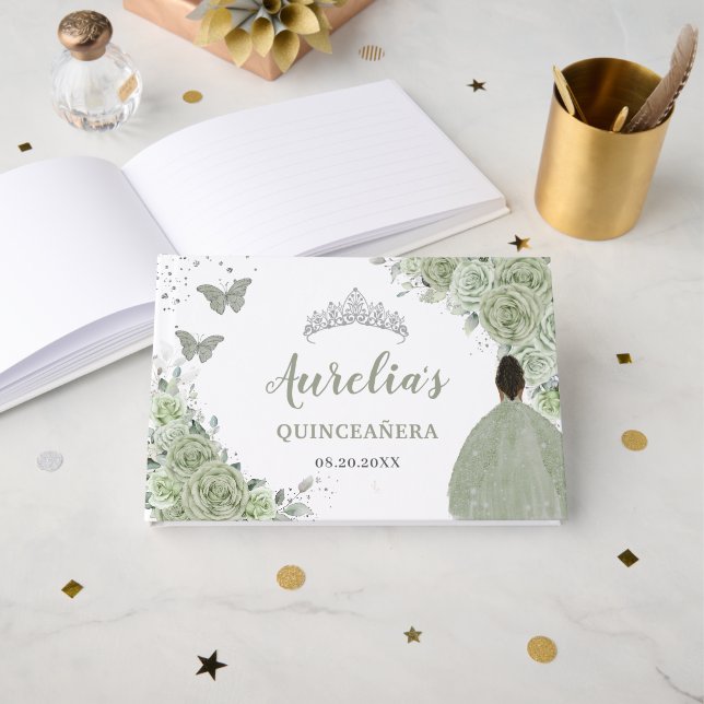 Sage Green Floral Brown Girl Princess Quinceañera Guest Book (Front Open)