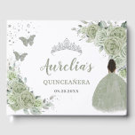 Sage Green Floral Brown Girl Princess Quinceañera Guest Book<br><div class="desc">Cherish your special day for the years to come with a customized guest book. Featuring a quince girl in a sage green gown, pretty sage green roses and green and silver butterflies. Personalize it with your details easily and quickly, simply press the customise it button to further re-arrange and format...</div>