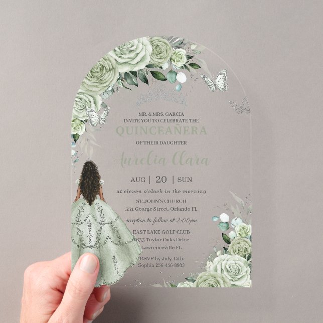 Sage Green Floral Brown Girl Quinceañera XV Arch Acrylic Invitations (Insitu (Handheld))