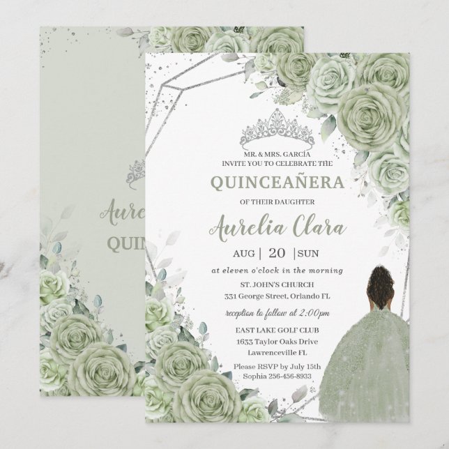 Sage Green Floral Brown Girl Silver 15 Quinceañera Invitation (Front/Back)