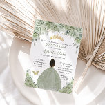 Sage Green Floral Brown Princess Gold Quinceañera Invitation<br><div class="desc">This chic Quinceañera invitation features a quince girl dressed in a sage green dress and lovely watercolor sage green floral and soft greenery foliage. Personalize it with your details easily and quickly, simply press the customise it button to further re-arrange and format the style and placement of the text. Also...</div>