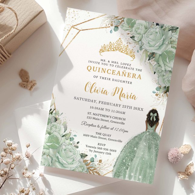 Sage Green Floral Brown Princess Gold Quinceañera Invitation (Creator Uploaded)