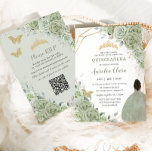 Sage Green Floral Brown Princess Quinceañera QR  Invitation<br><div class="desc">This chic Quinceañera invitation features a gold glitter geometric frame adorned by delicate watercolor sage green floral, soft sage greenery and a brown girl in a lovely sage green dress. Personalize it with your details easily and quickly, simply press the Edit Using Design Tools button to further re-arrange and format...</div>
