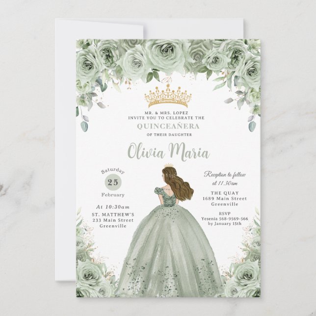 Sage Green Floral Brunette Princess Quinceañera  Invitation (Front)