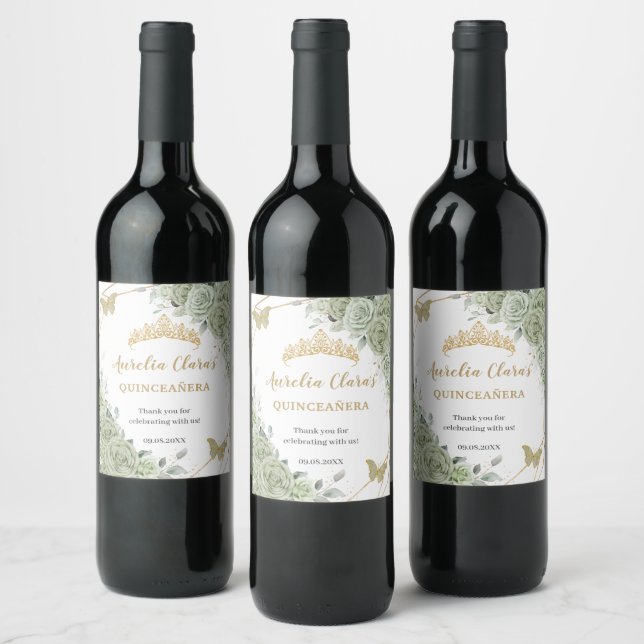 Sage Green Floral Butterflies Quinceañera Birthday Wine Label (Bottles)