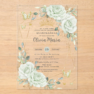 Sage Green Floral Butterflies Quinceañera Quince Acrylic Invitations