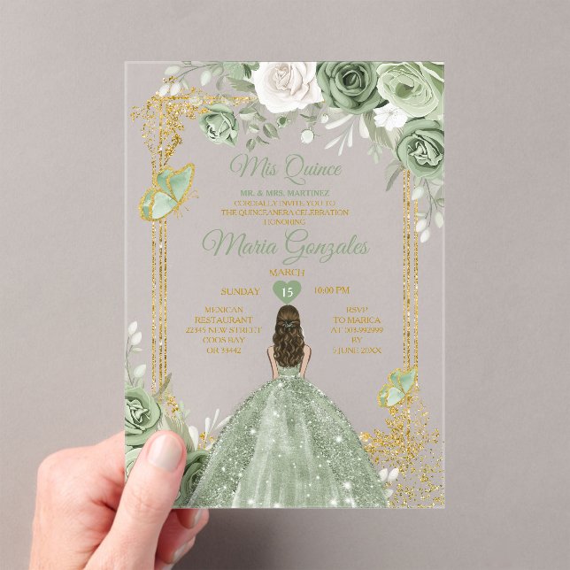 Sage Green Floral Butterfly Gold Frame Mis Quince Acrylic Invitations (Insitu (Handheld))