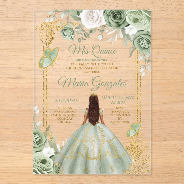 Sage Green Floral Butterfly Gold Frame Mis Quince Acrylic Invitations (Front)