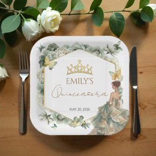 Sage Green Floral Butterfly Tiara Quinceañera Paper Plate