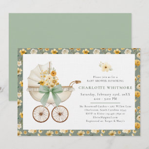 Sage Green Floral Carriage Baby Shower Invitation