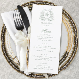 Sage Green Floral Crest Monogram Elegant Wedding Menu