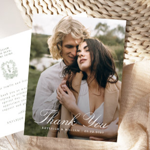 Sage Green Floral Crest Monogram Photo Wedding Postcard