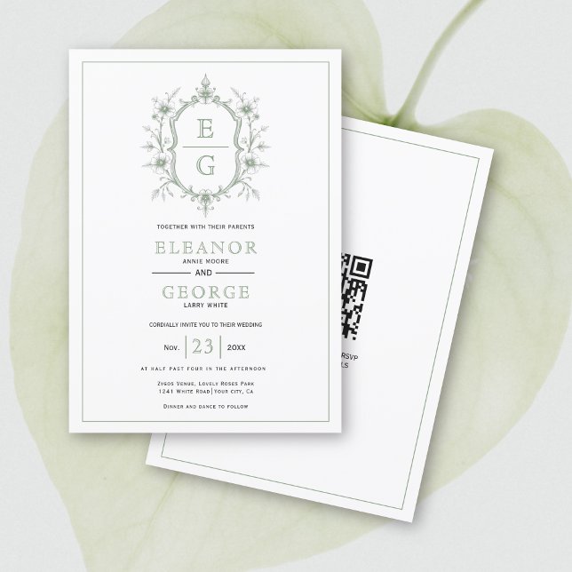 Sage green floral crest monogram QR code wedding Invitation (Creator Uploaded)