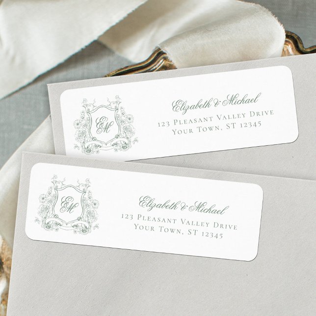 Sage Green Floral Crest Monogram Wedding Address (Creator Uploaded)