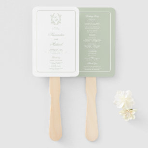 Sage Green Floral Crest Monogram Wedding Program Hand Fan