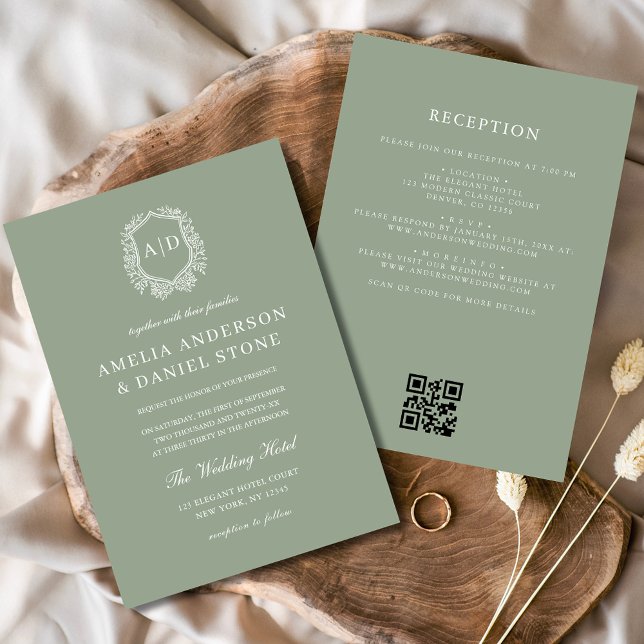 Sage Green Floral Crest Monogram Wedding QR Code Invitation (Creator Uploaded)