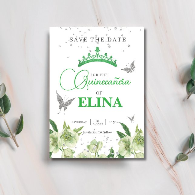 Sage Green Floral crown Butterflies Quinceañera Save The Date (Creator Uploaded)