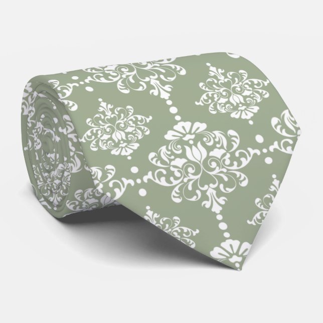 Sage Green Floral Damask Pattern Groomsmen Wedding Tie (Rolled)