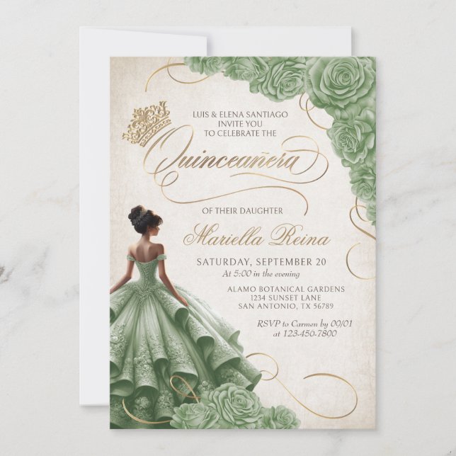 Sage Green Floral Dress Quinceañera Invitation (Front)