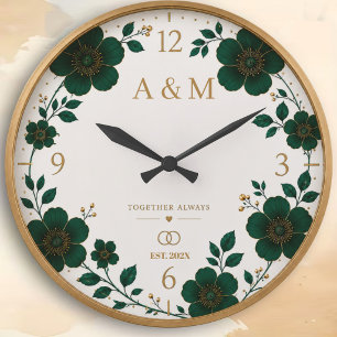 Sage Green Floral Elegant Botanical Greenery Gold Large Clock