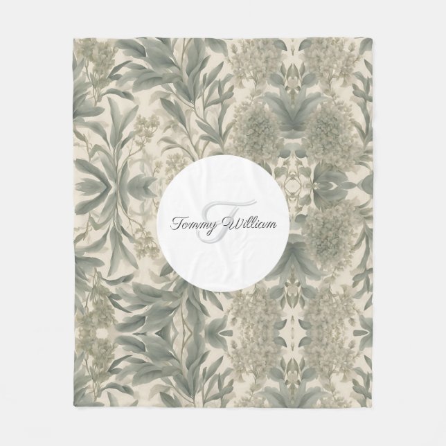 Sage Green Floral Elegant Fleece Blanket (Front)