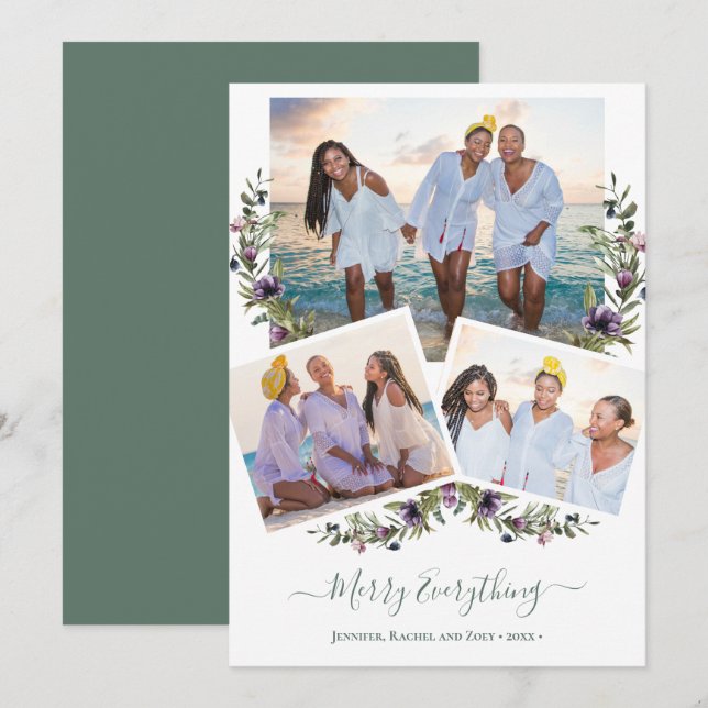 Sage Green Floral Elegant Script Merry Everything Holiday Card (Front/Back)