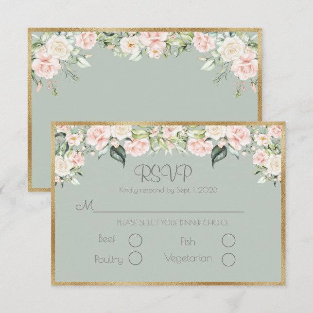 Sage Green Floral Elegant Script Weddding RSVP Card (Front/Back)